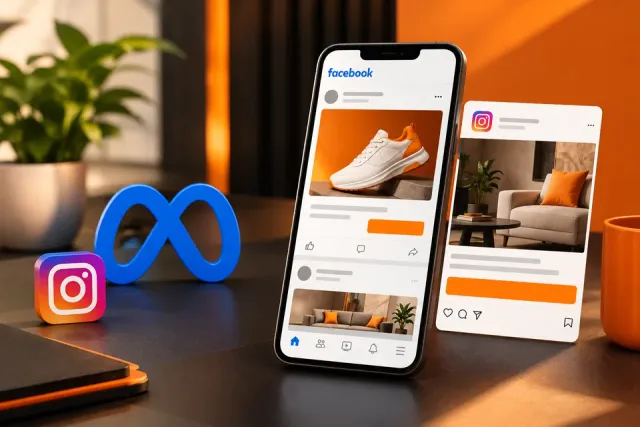 Facebook and Instagram ads on a phone next to the Meta logo