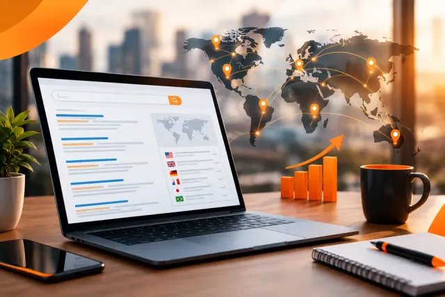 Laptop with search results and a world map of international markets